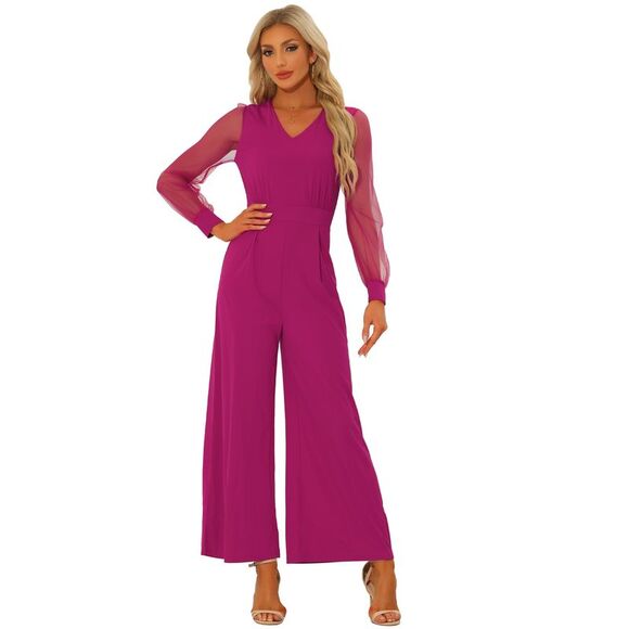 Elegant V Neck Mesh Long Sleeve Loose Wide Leg Romper Party Jumpsuits Hot Pink - Picture 1 of 6